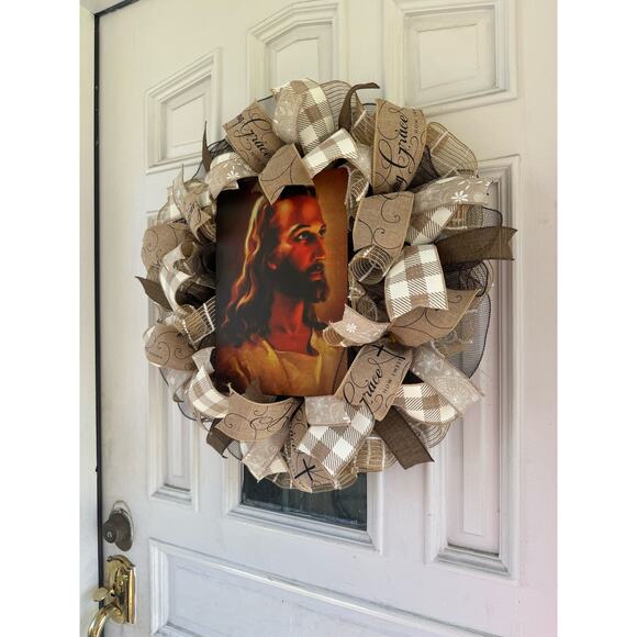Everyay Year Round Neutral Color Jesus Mesh Ribbon Wreath Front Door Hanger - Picture 8 of 9